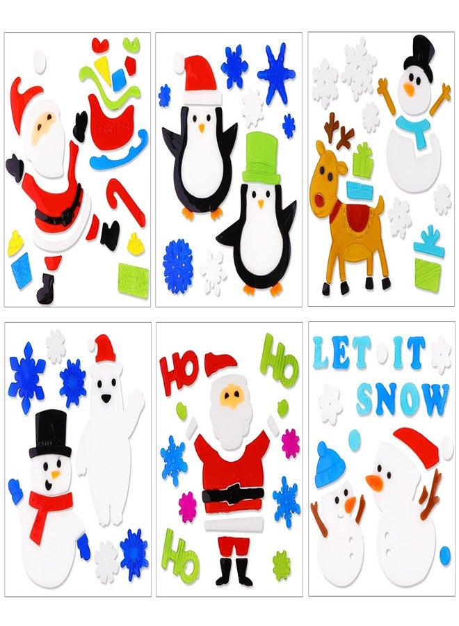 XIMISHOP مجموعة ملصقات جل عيد الميلاد من XIMISHOP، 6 قطع: زينة نوافذ على شكل بابا نويل، رجل الثلج، ندفة الثلج، وبطريق - Image 1